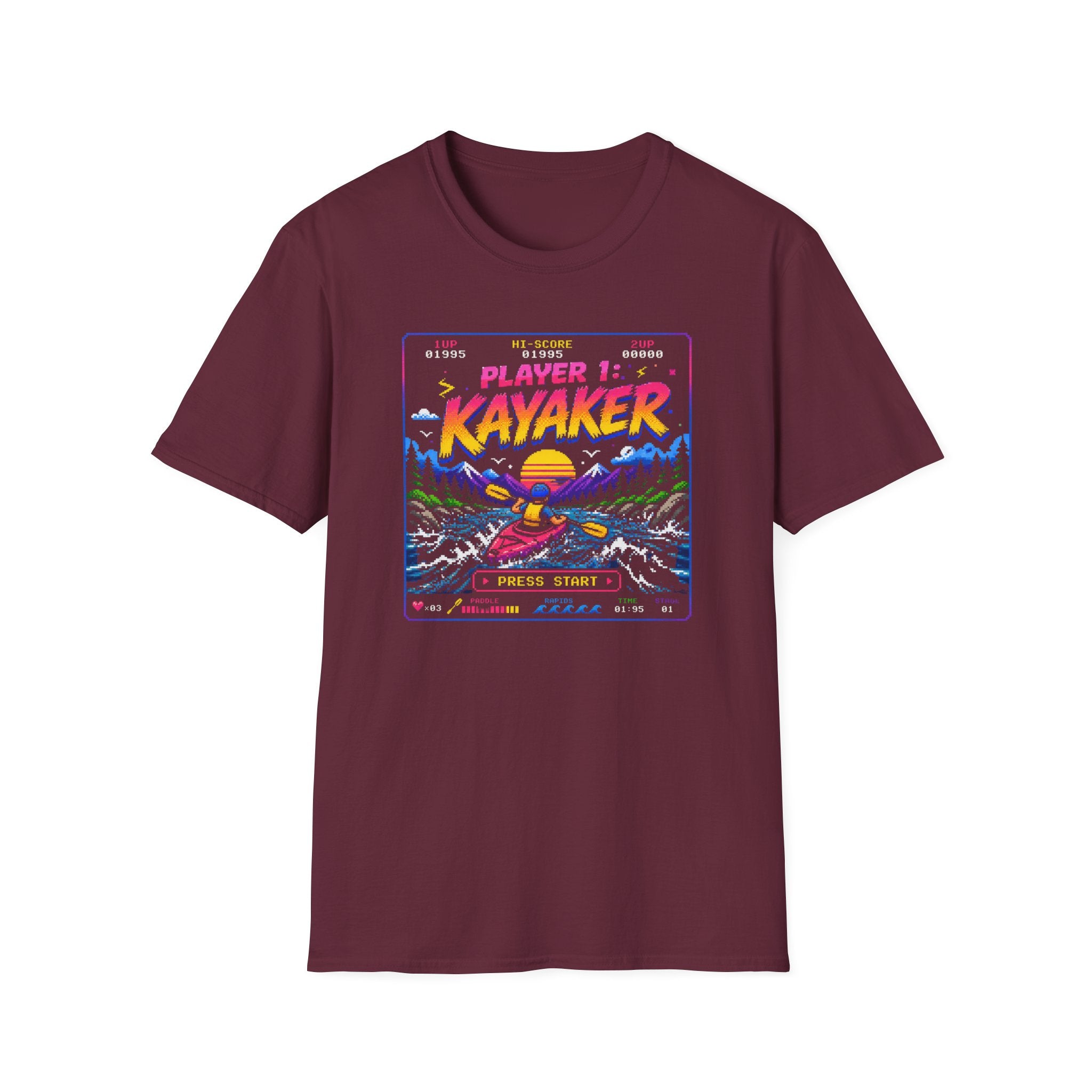 Kayaker Retro Arcade T-Shirt — Player 1 Kayaking Gamer Tee
