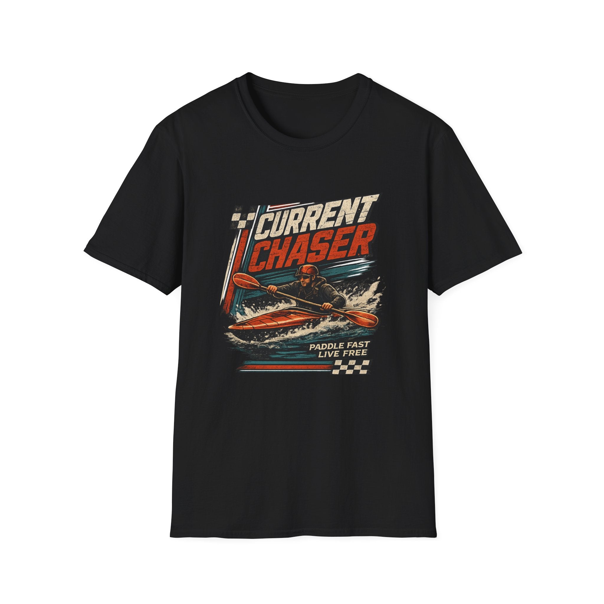 Current Chaser Kayak T-Shirt — Paddle Fast Live Free Vintage Watercraft Tee
