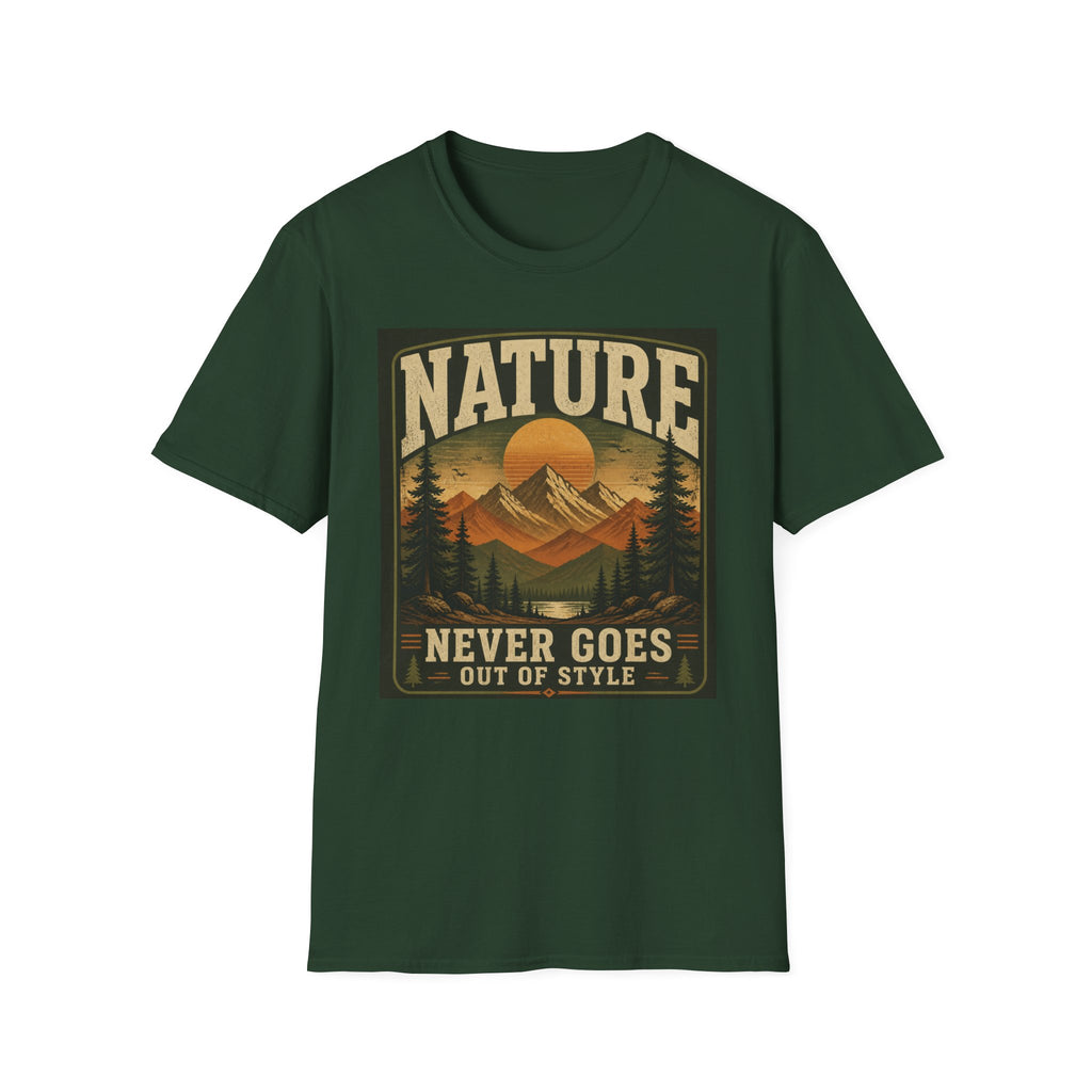 Nature T-Shirt — "Nature Never Goes Out of Style" Vintage Mountain Tee
