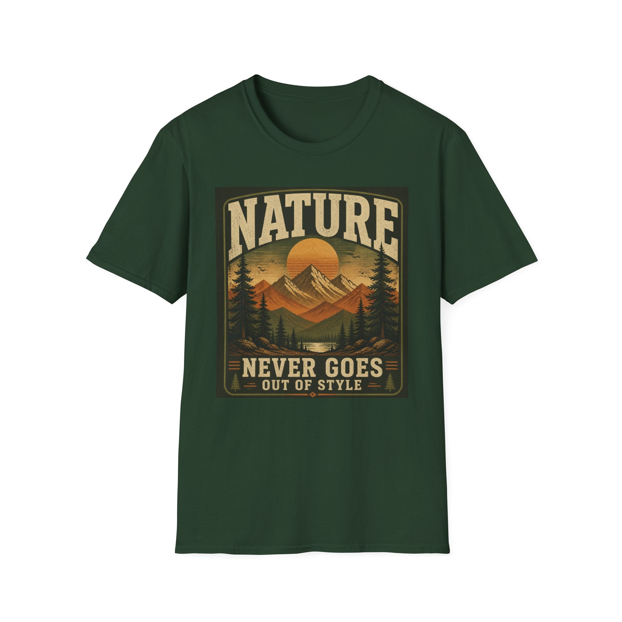 Nature T-Shirt — "Nature Never Goes Out of Style" Vintage Mountain Tee