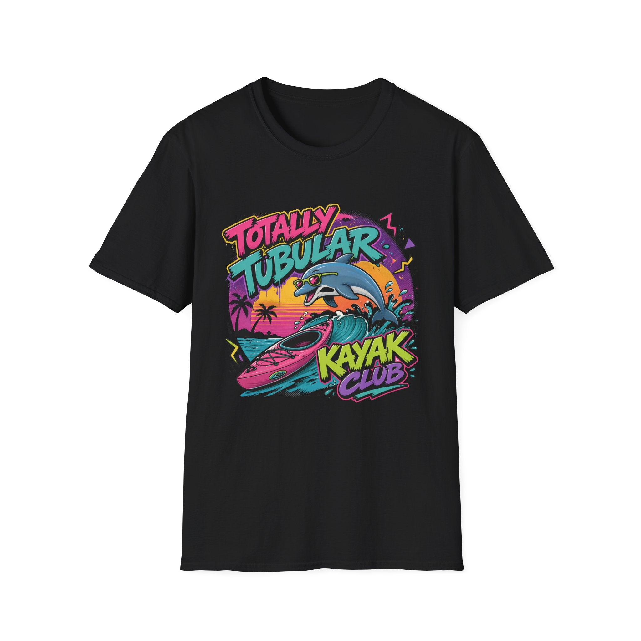 Totally Tubular Kayak Club T-Shirt — Retro Dolphin Kayaking Graphic