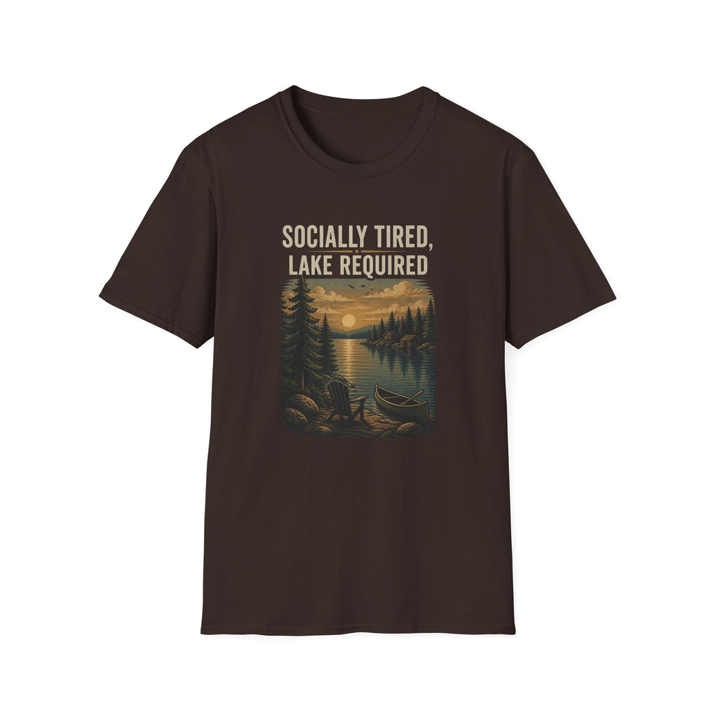 Lake Lover T-Shirt — "Socially Tired, Lake Required" Retro Sunset Camp Tee