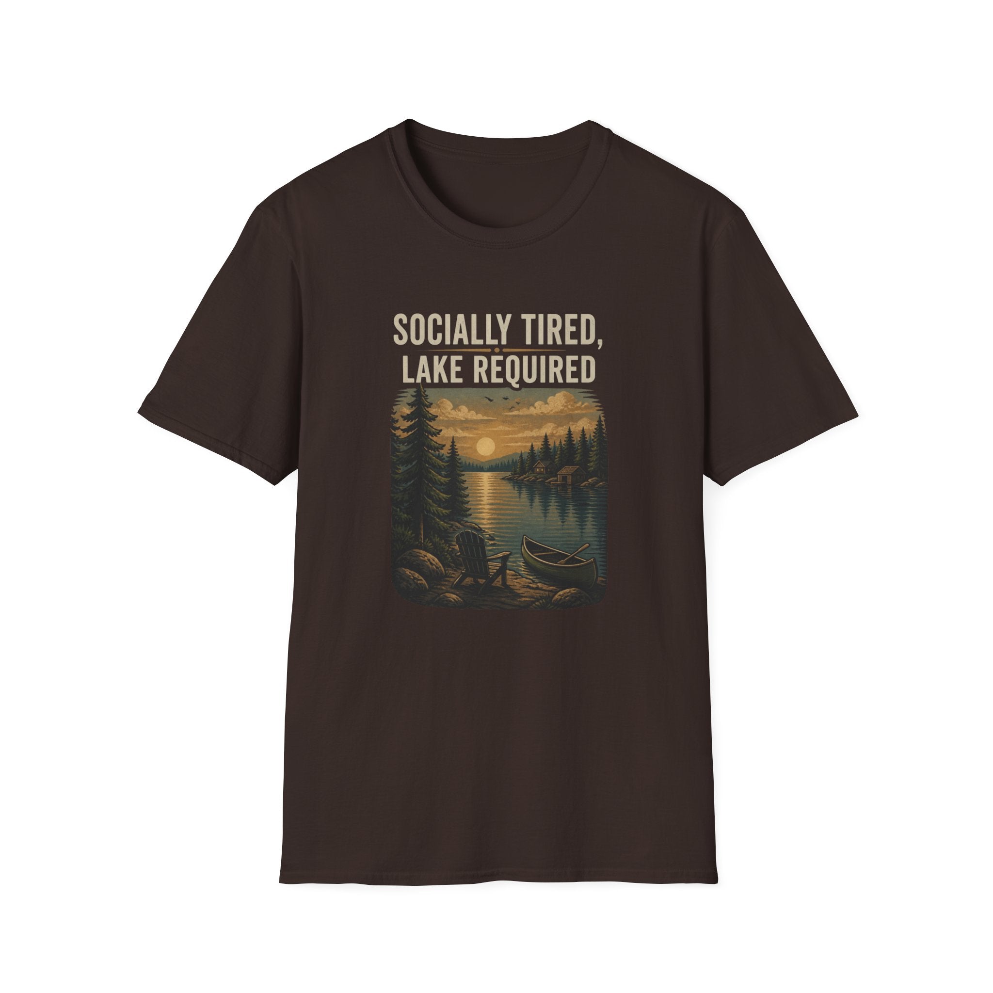 Lake Lover T-Shirt — "Socially Tired, Lake Required" Retro Sunset Camp Tee