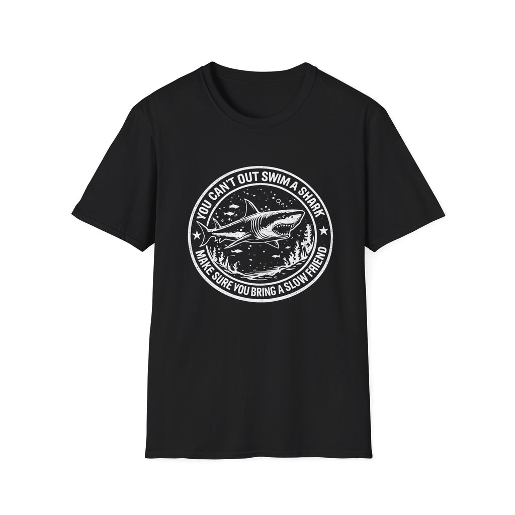 Shark Graphic T-Shirt — "You Can't Out Swim a Shark" Retro Fish Design