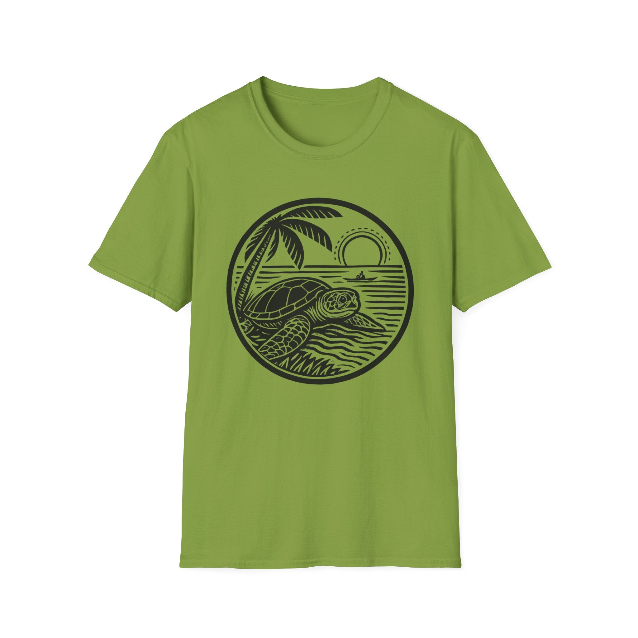 Sea Turtle with Kayak T-Shirt — Vintage Coastal Sunset Graphic