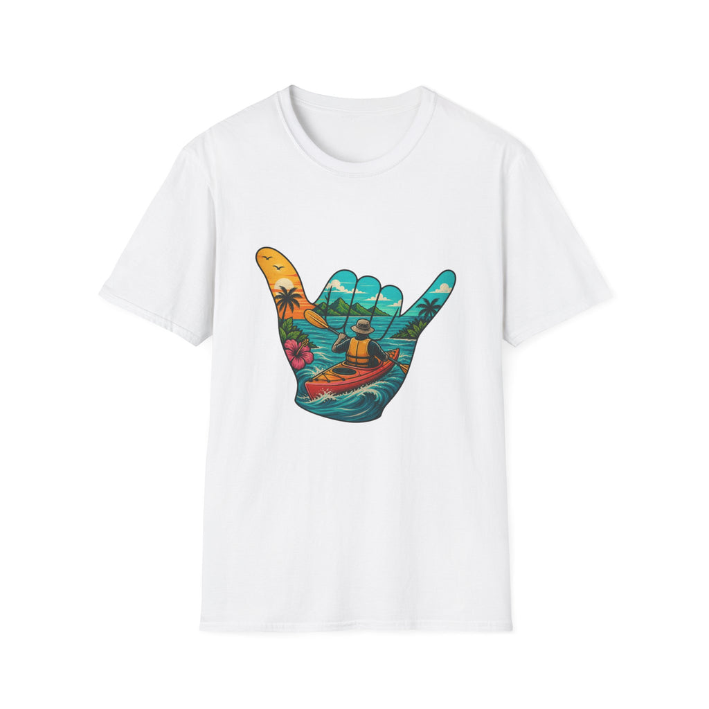 Shaka Kayak Vibes T-Shirt — Tropical Beach Hand Graphic