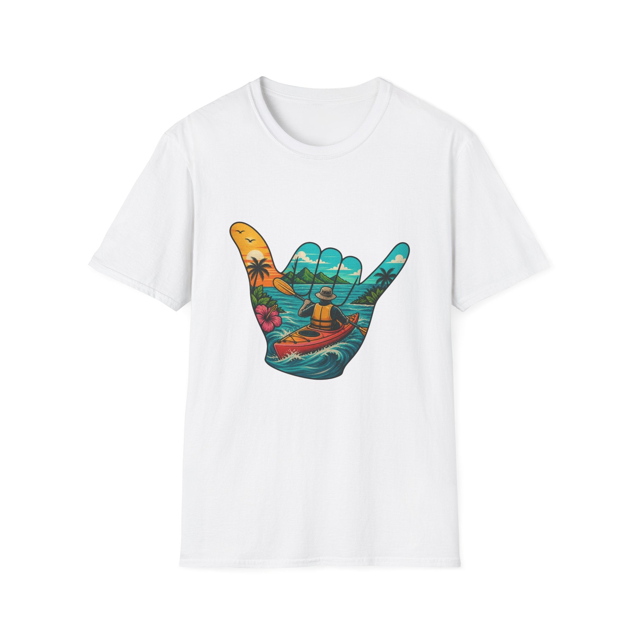 Shaka Kayak Vibes T-Shirt — Tropical Beach Hand Graphic
