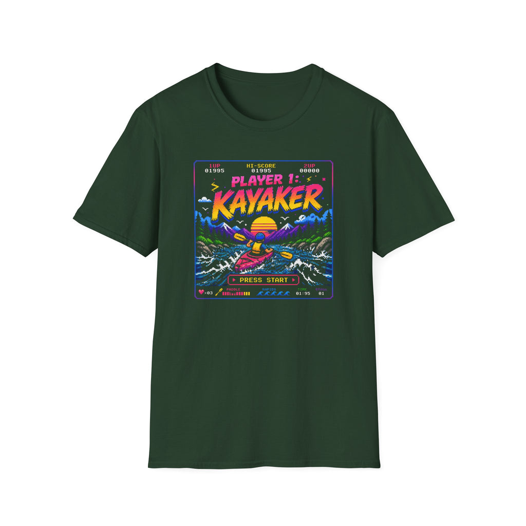 Kayaker Retro Arcade T-Shirt — Player 1 Kayaking Gamer Tee