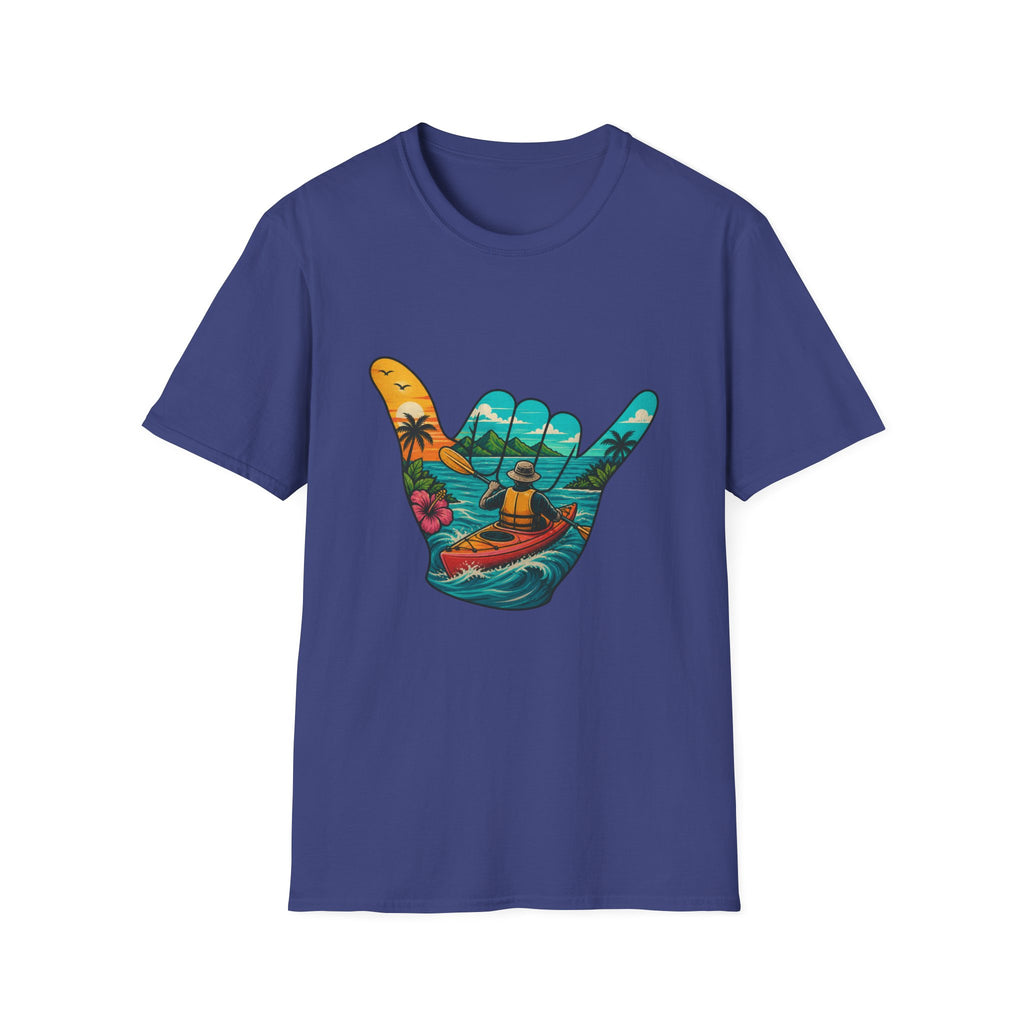 Shaka Kayak Vibes T-Shirt — Tropical Beach Hand Graphic