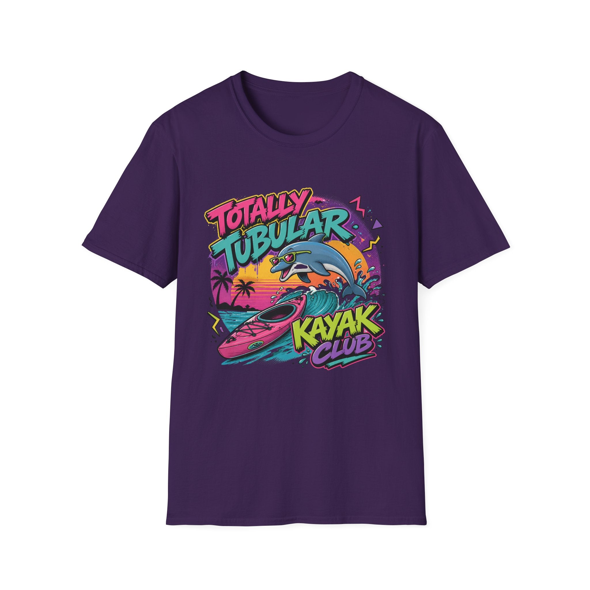 Totally Tubular Kayak Club T-Shirt — Retro Dolphin Kayaking Graphic