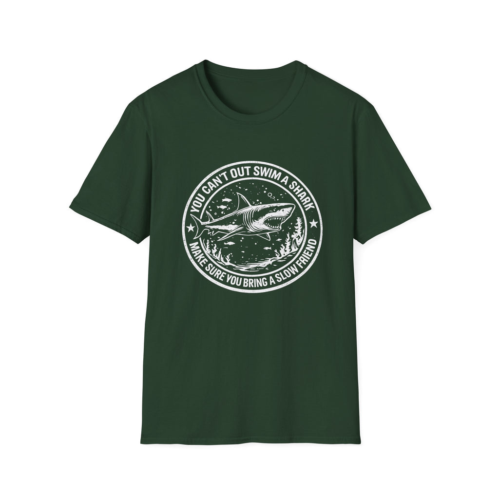 Shark Graphic T-Shirt — "You Can't Out Swim a Shark" Retro Fish Design
