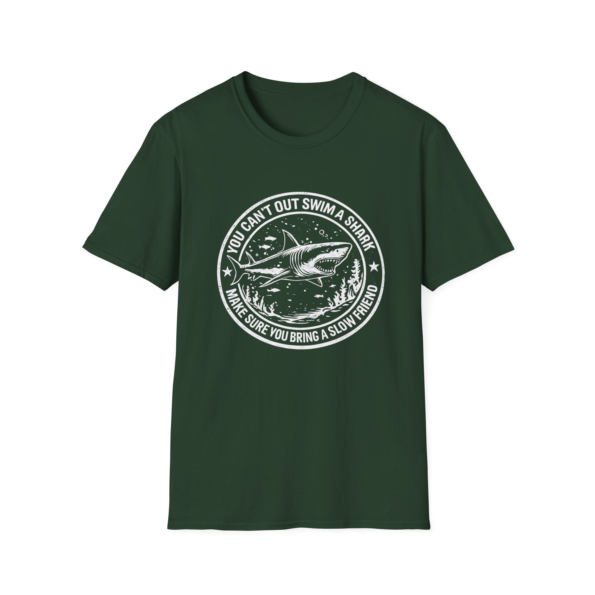Shark Graphic T-Shirt — "You Can't Out Swim a Shark" Retro Fish Design