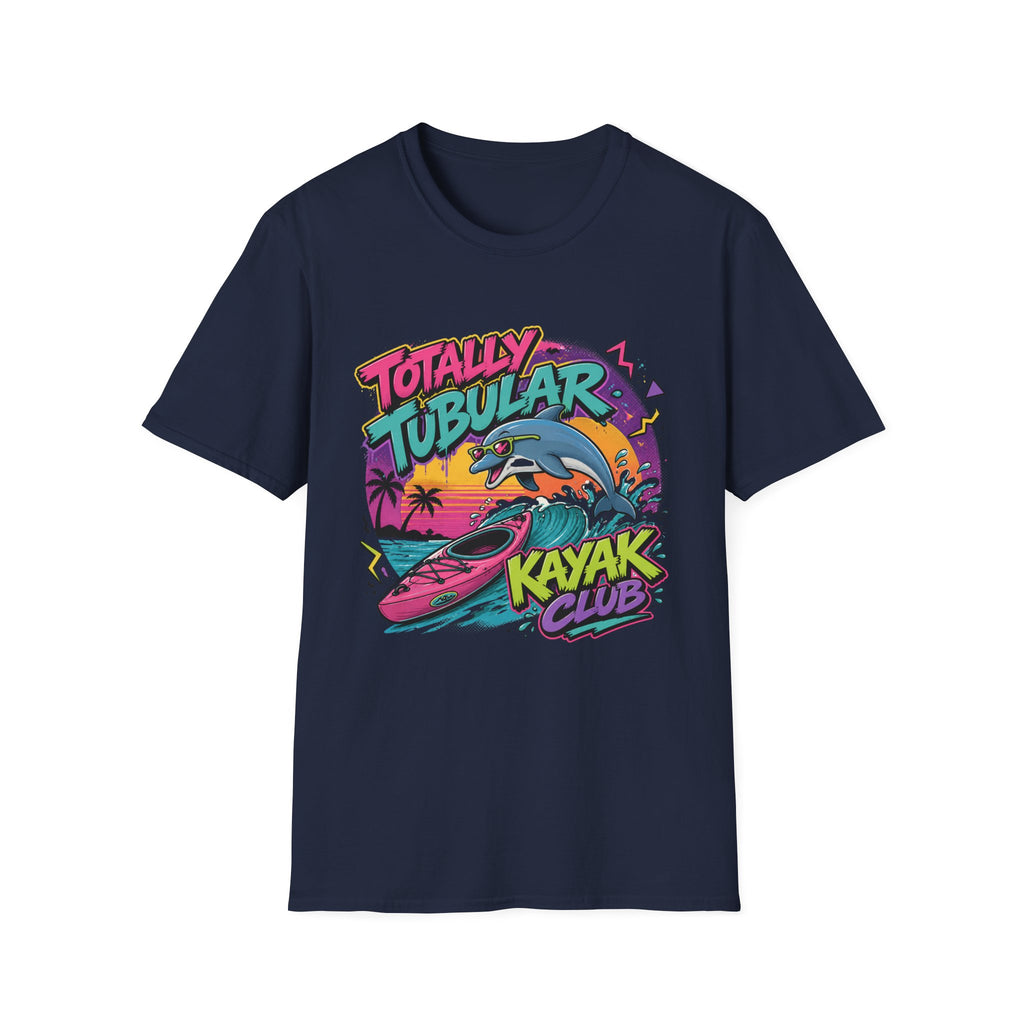 Totally Tubular Kayak Club T-Shirt — Retro Dolphin Kayaking Graphic