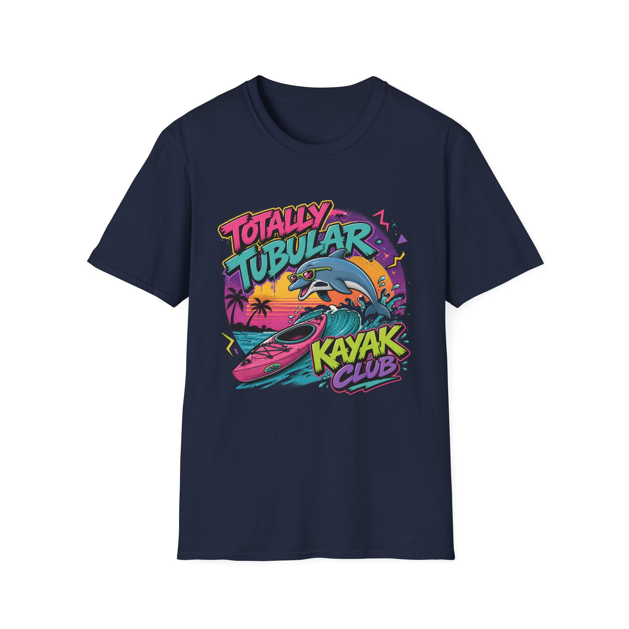 Totally Tubular Kayak Club T-Shirt — Retro Dolphin Kayaking Graphic
