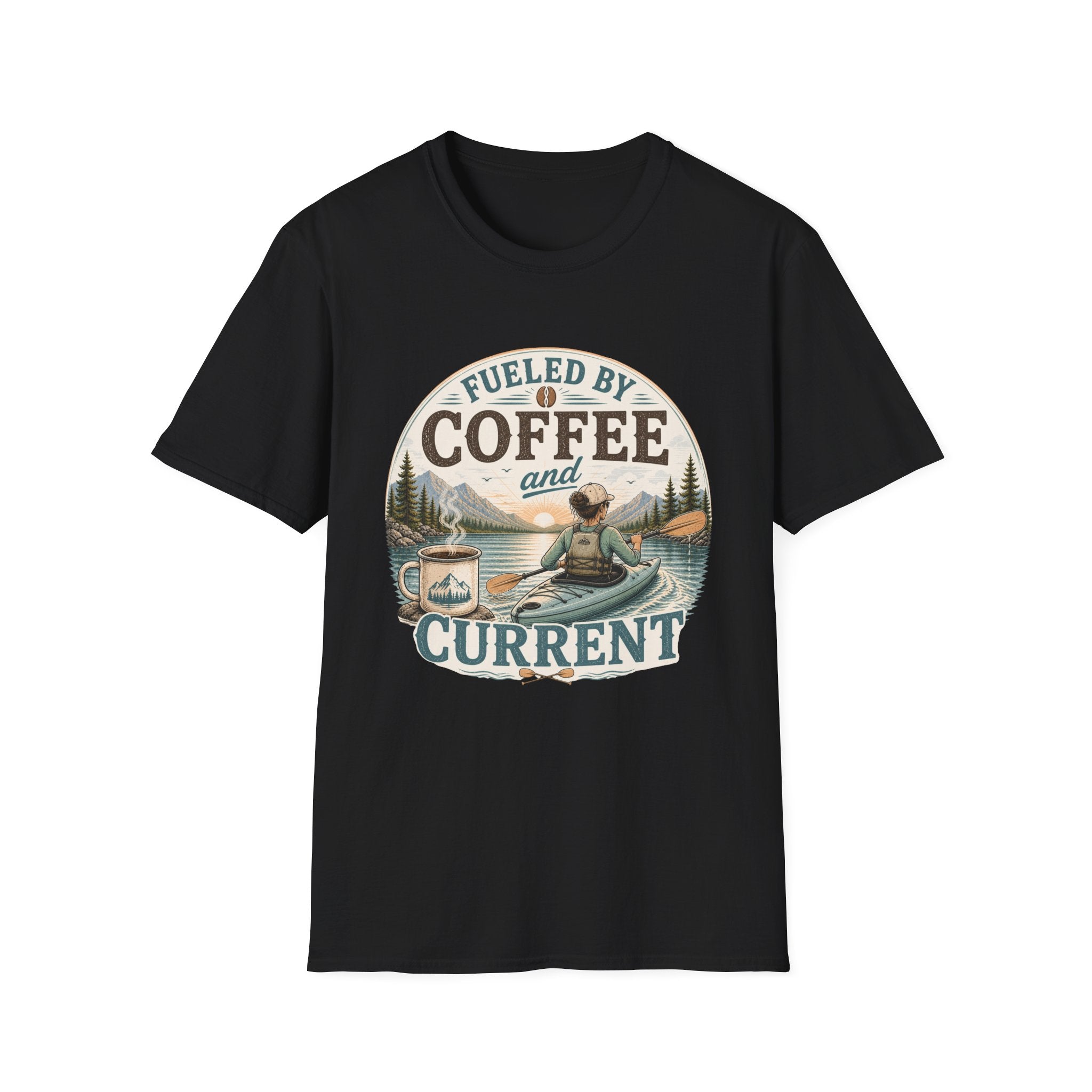Kayak T-Shirt — "Fueled by Coffee and Current" Outdoor Adventure Tee