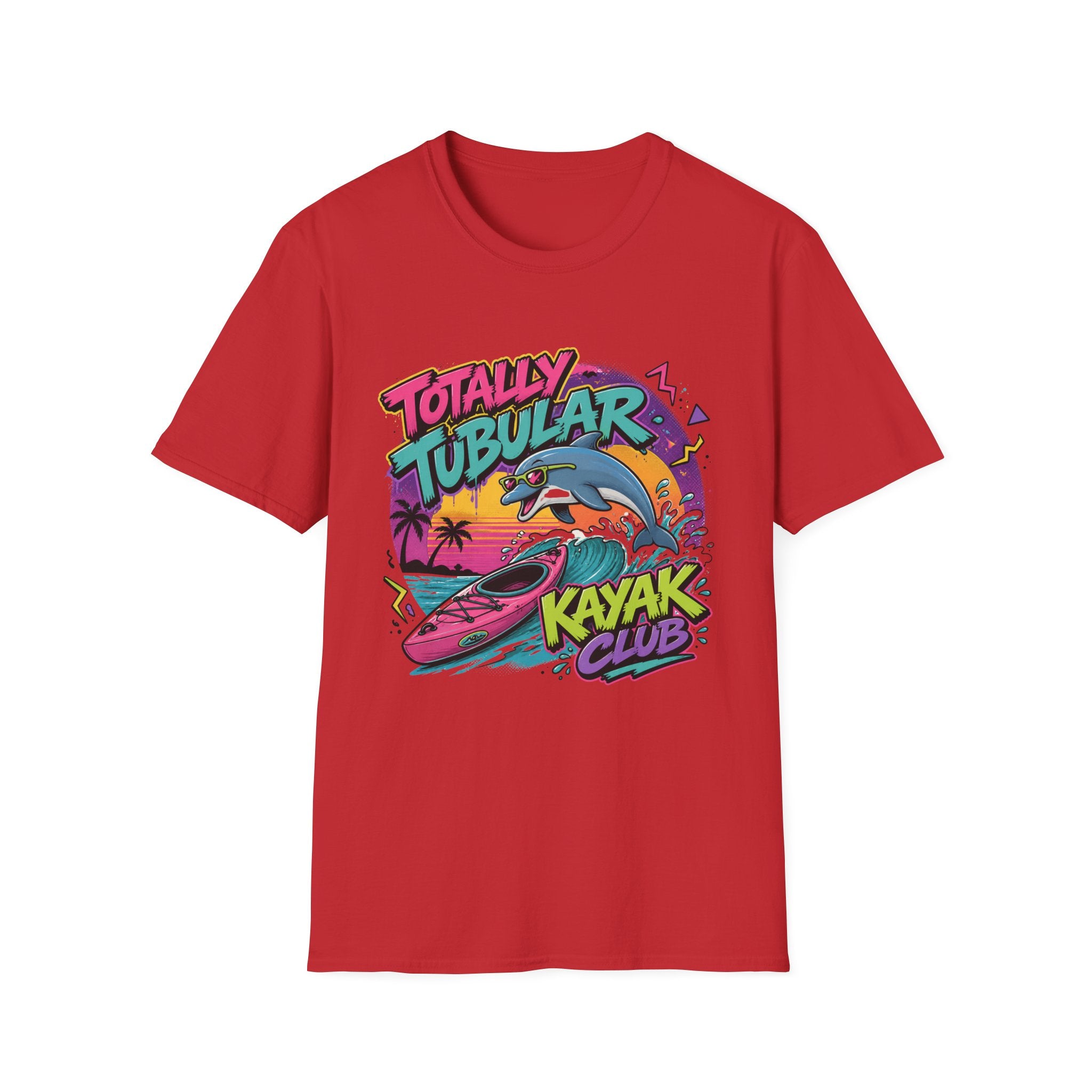 Totally Tubular Kayak Club T-Shirt — Retro Dolphin Kayaking Graphic