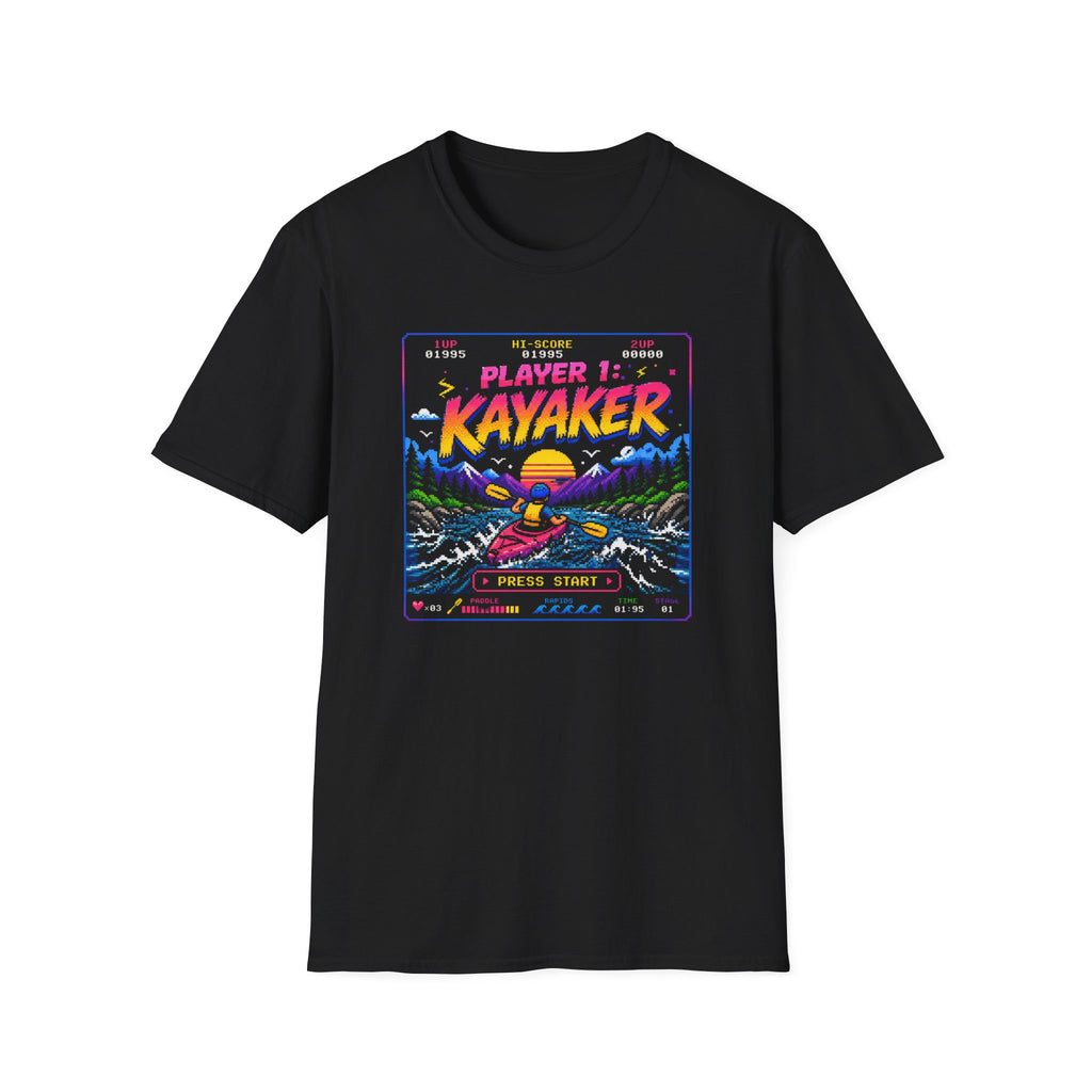 Kayaker Retro Arcade T-Shirt — Player 1 Kayaking Gamer Tee