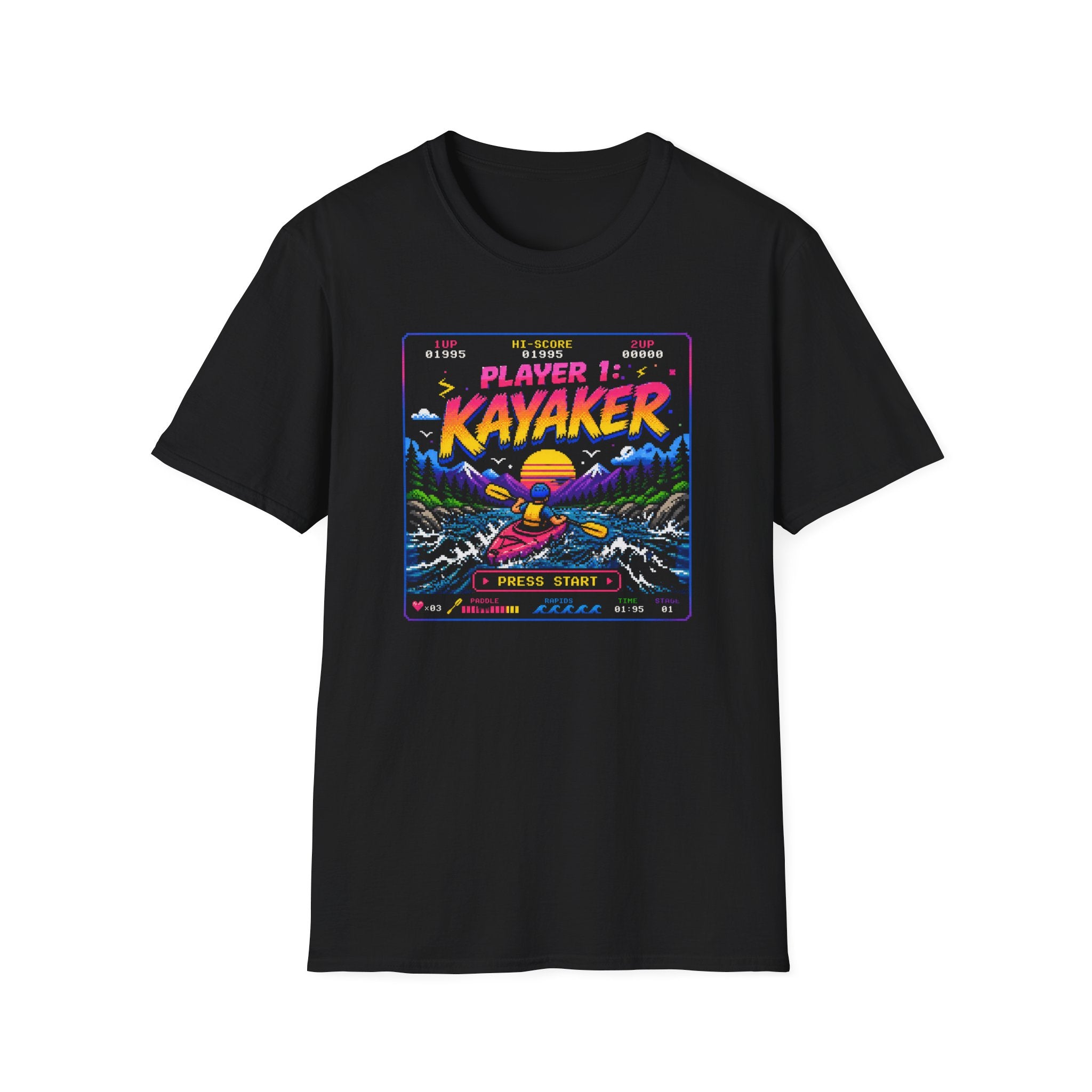 Kayaker Retro Arcade T-Shirt — Player 1 Kayaking Gamer Tee