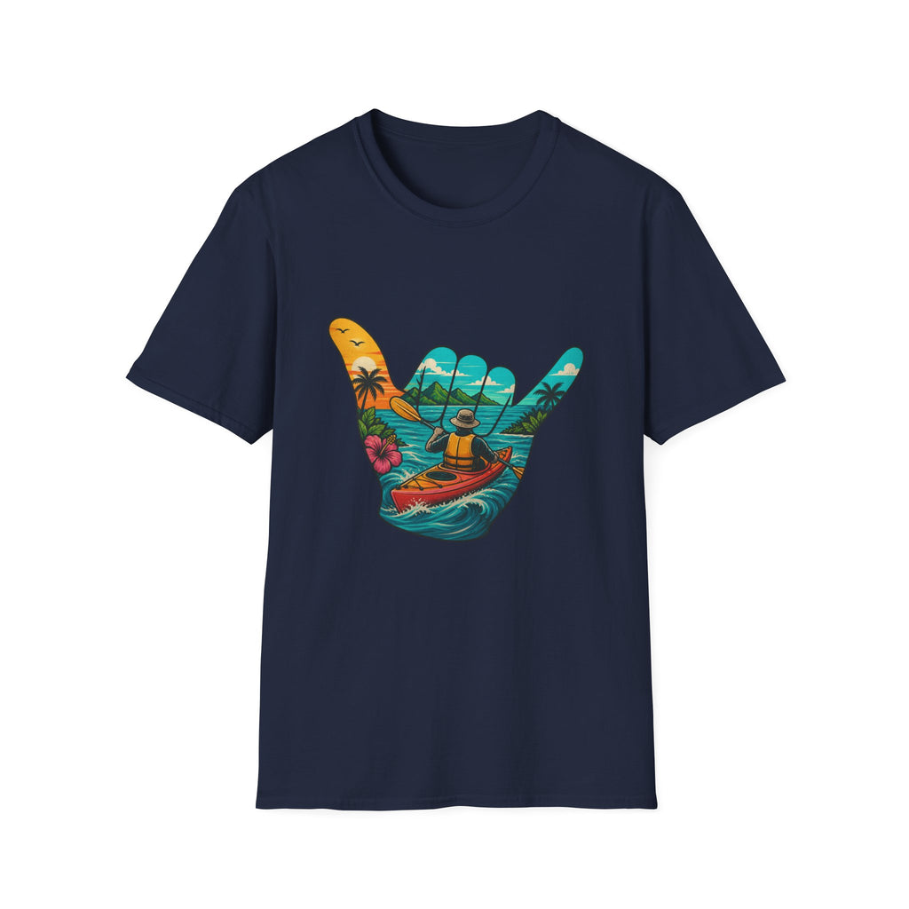 Shaka Kayak Vibes T-Shirt — Tropical Beach Hand Graphic