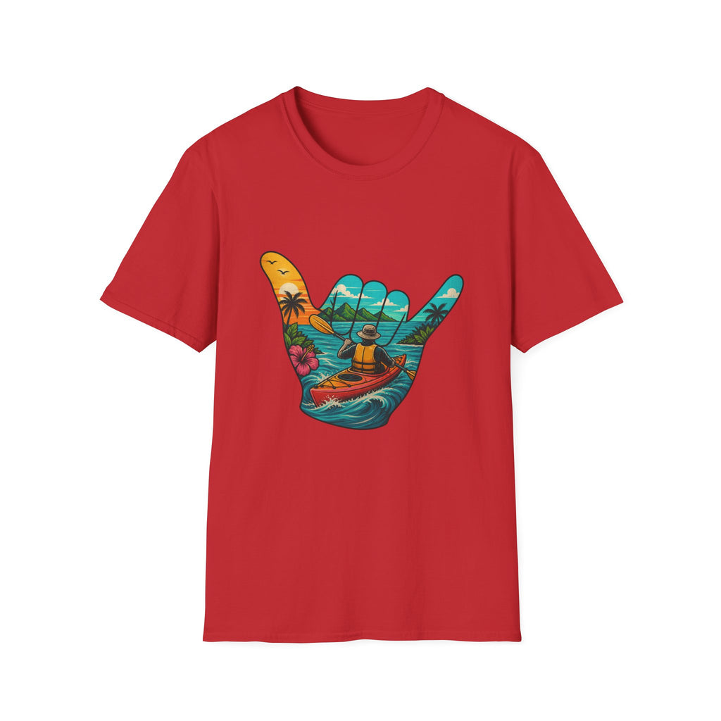 Shaka Kayak Vibes T-Shirt — Tropical Beach Hand Graphic